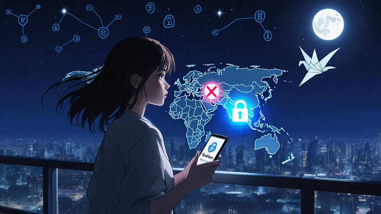 A girl on a rooftop under a holographic map of global exchanges, a binary crane flying toward the moon as ExpressVPN glows softly.