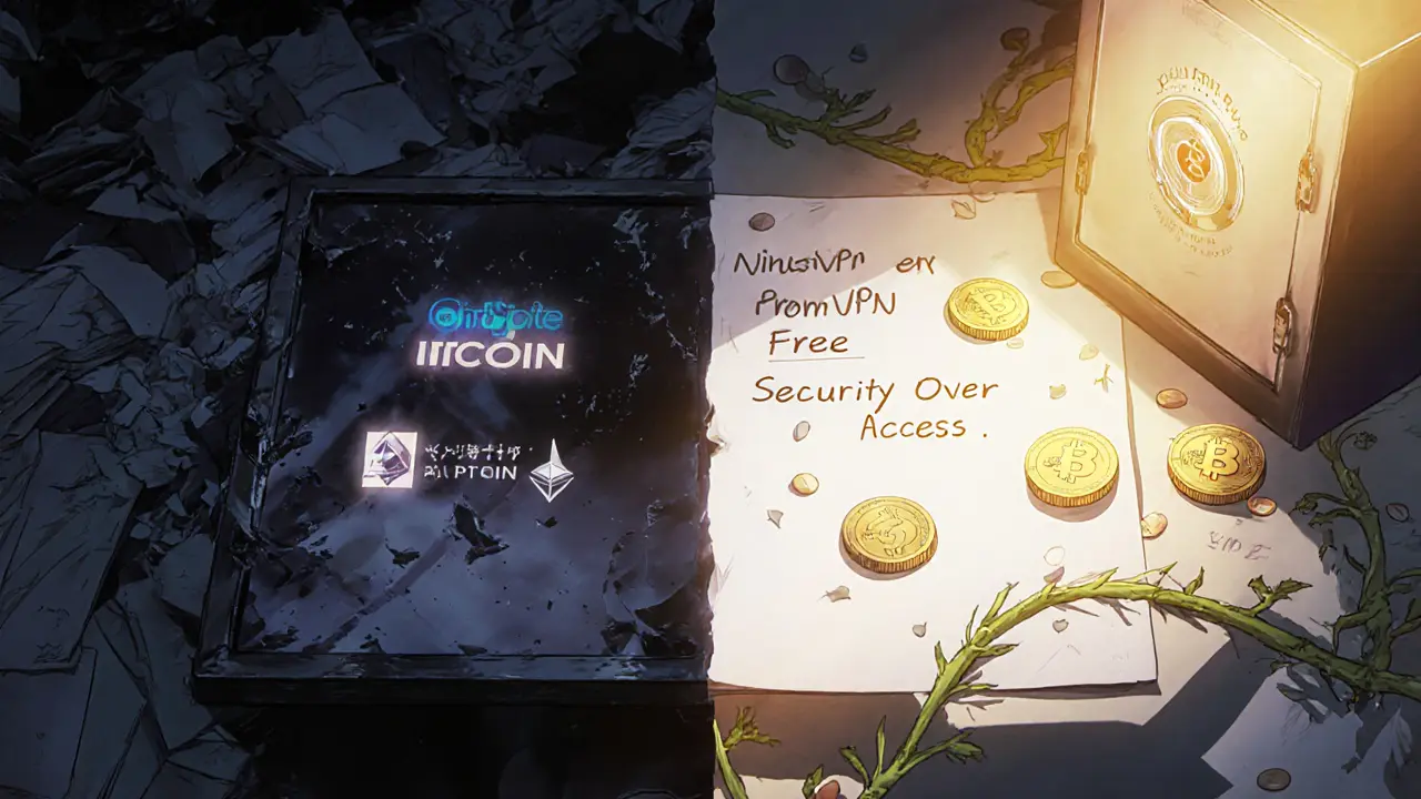 Split scene: free VPNs turning to ash on one side, NordVPN’s dedicated IP glowing safely on the other with crypto coins floating nearby.