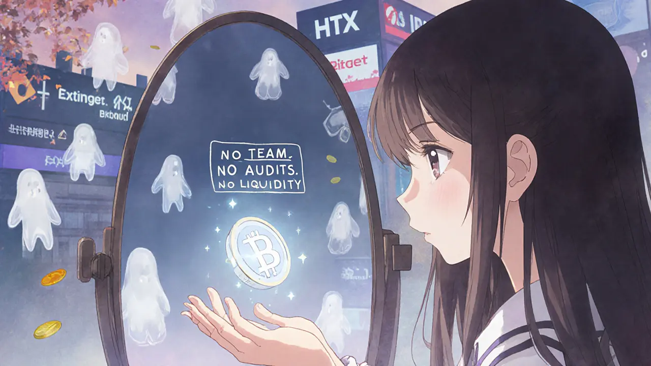 A girl holding a flickering WVSG token, staring into a mirror reflecting emptiness and ghostly tokens.