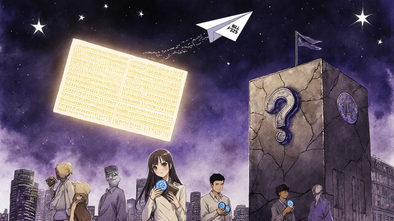 A glowing digital ledger above a city skyline, with citizens holding wallets as stars shaped like coins shine above.