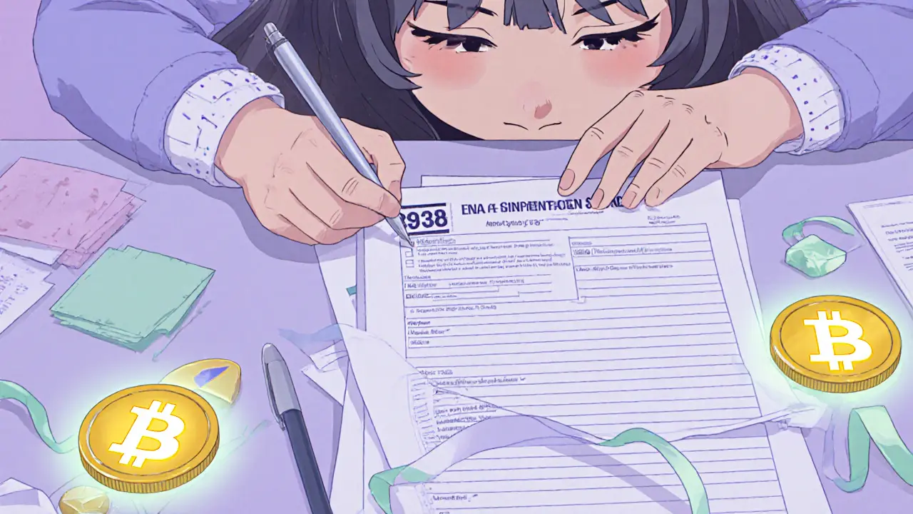 Character fills out Form 8938 beside glowing crypto icons on a tidy desk.