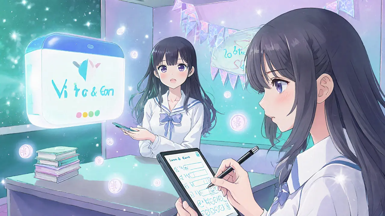 Characters participate in a Learn &amp; Earn lesson, earning glowing tokens.