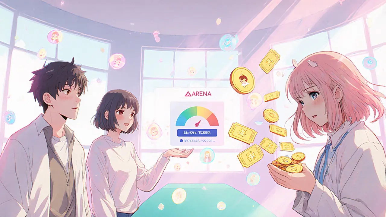 Creators and fans interact with floating ticket icons and ARENA tokens in a bright room.