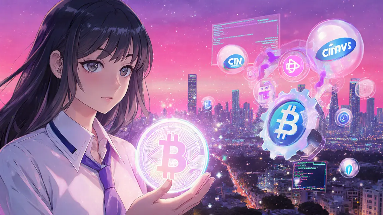 Developer holding a holographic peso digital coin against a neon dusk cityscape with Banxico and CNBV symbols.