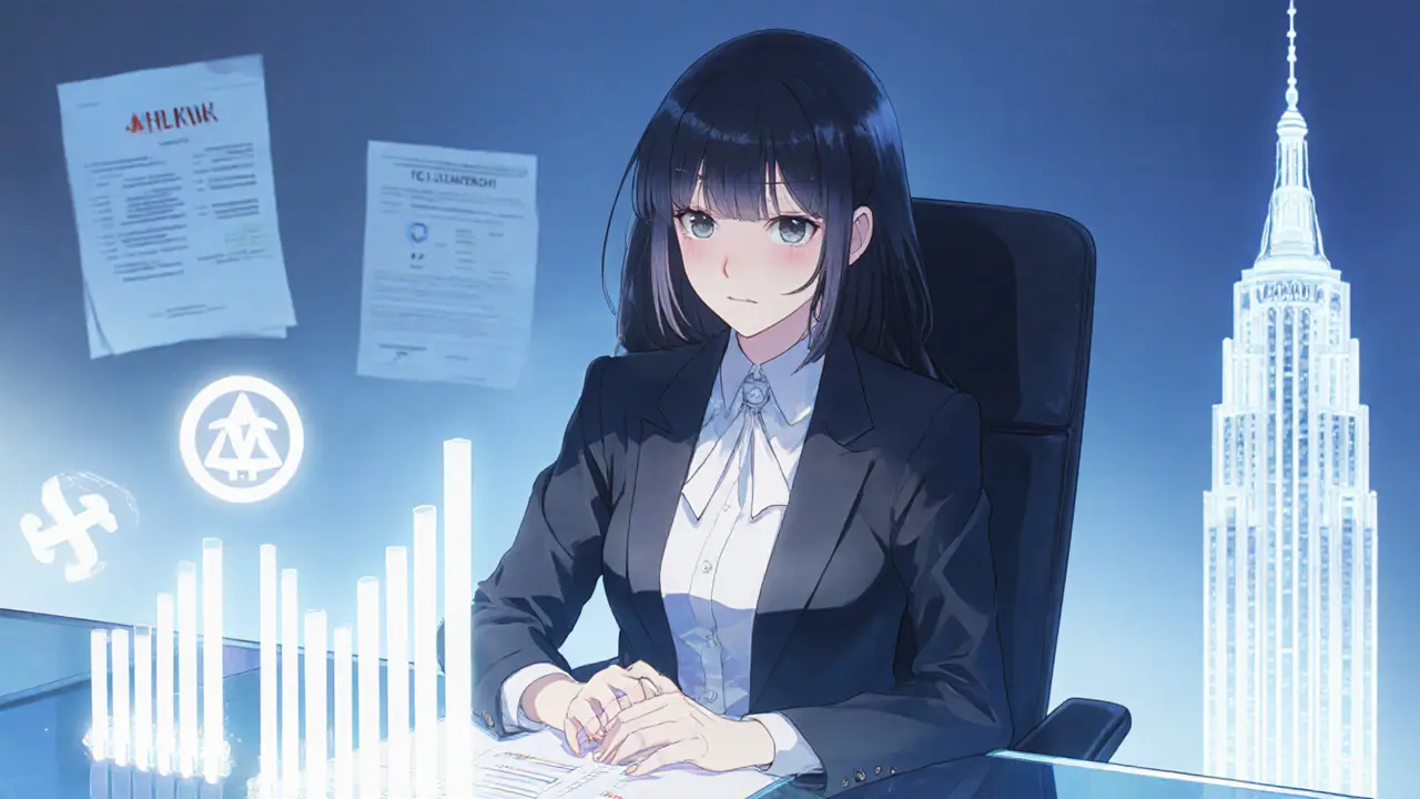 Elegant female investor at desk with glowing crypto charts and subtle bank and exchange icons.