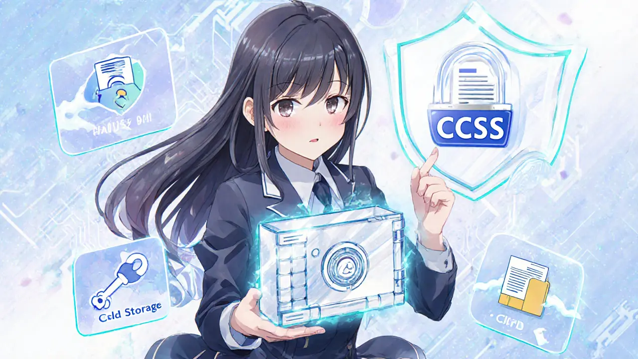 Female protagonist holds a cold‑wallet vault surrounded by shield icons representing security.