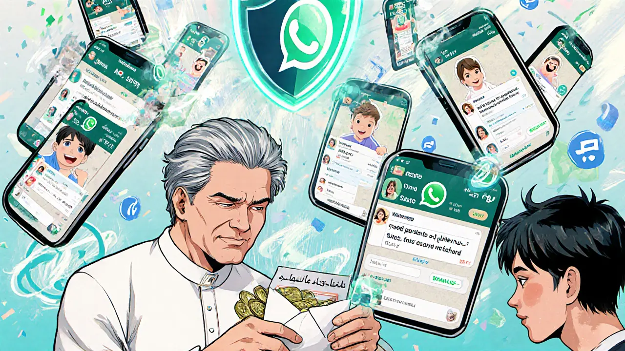 Floating phone screens show crypto chat groups with VPN icons and an intermediary handing cash.