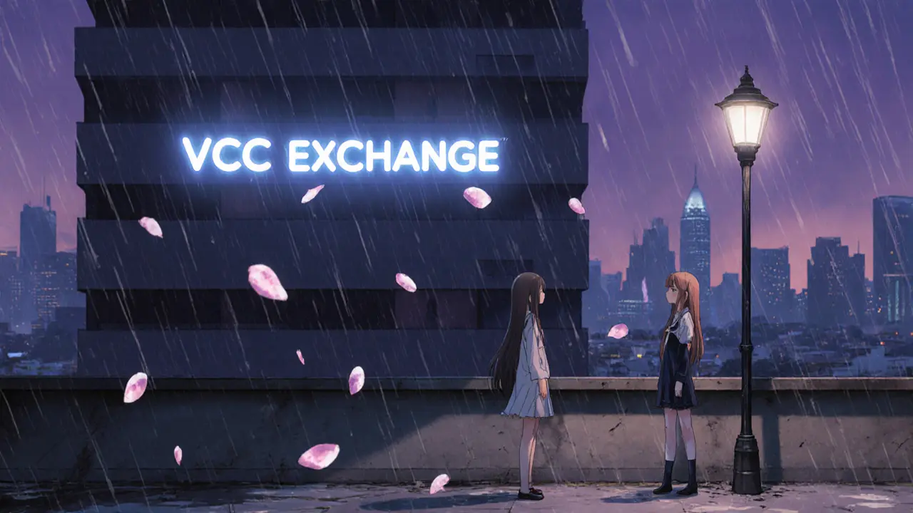 Former VCC Exchange office at dusk, with characters reflecting on its closure.