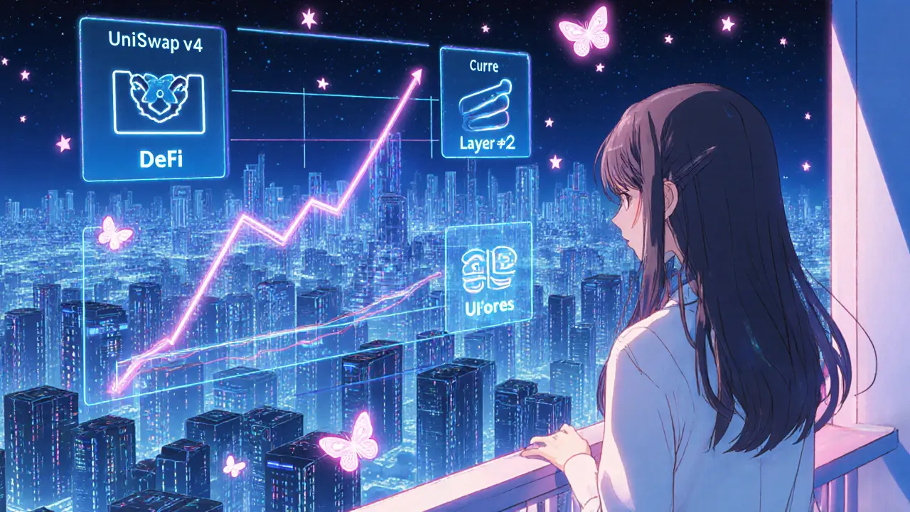 Future DeFi city skyline viewed by heroine with holographic graphs.