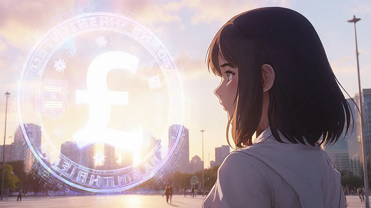Future scene of heroine looking at holographic digital ruble and crypto icons in a sunrise city.
