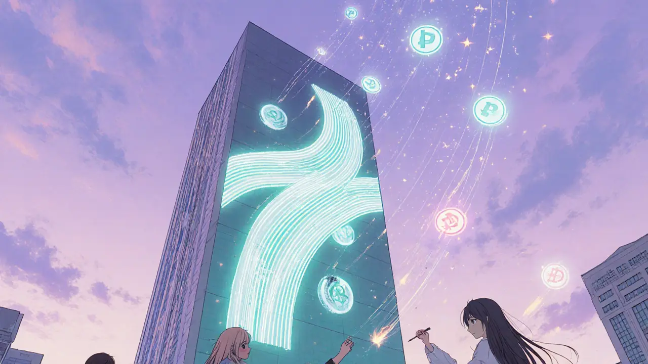 Futuristic city with a holographic collaborative mural and characters painting with glowing PAINT.