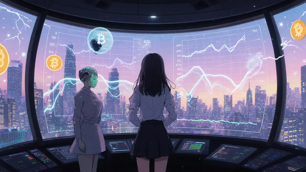Futuristic dashboard with AI assistants showing real‑time UTXO age graphs.