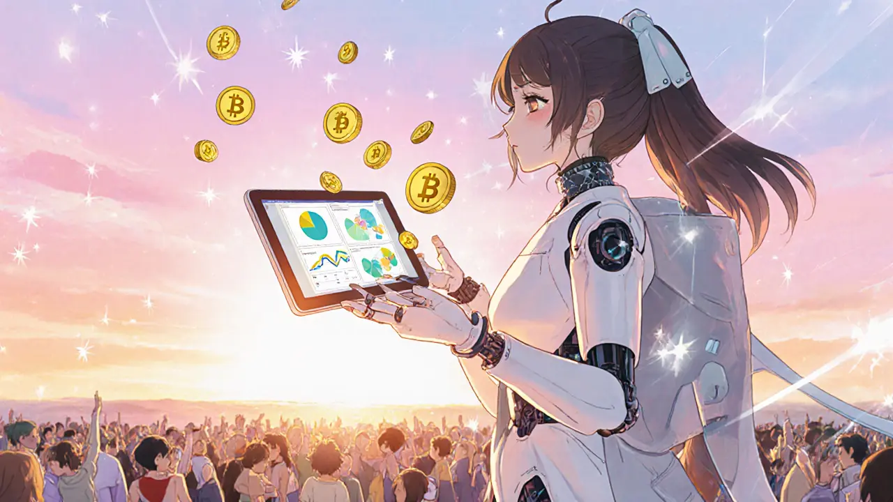 Girl and friendly AI robot distributing golden CYI coins to hopeful holders.