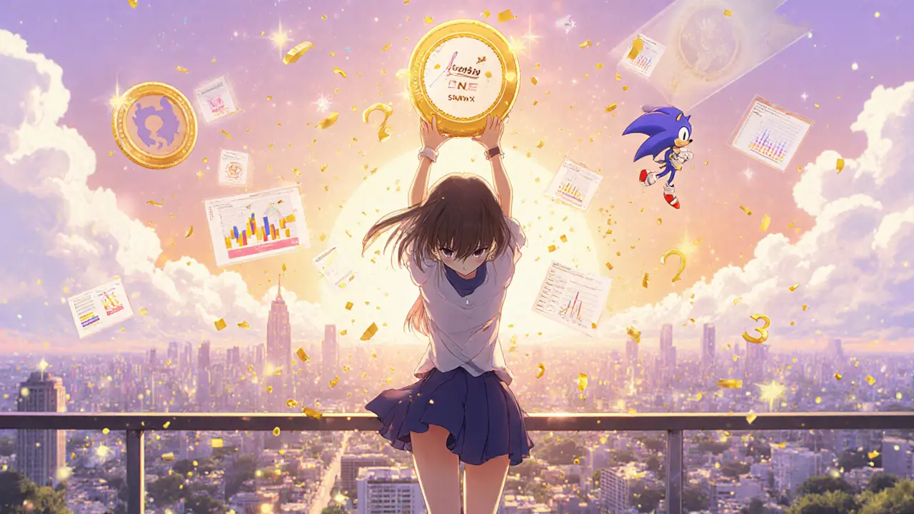 Girl holding veSWPx NFT, golden rewards flow, city skyline.