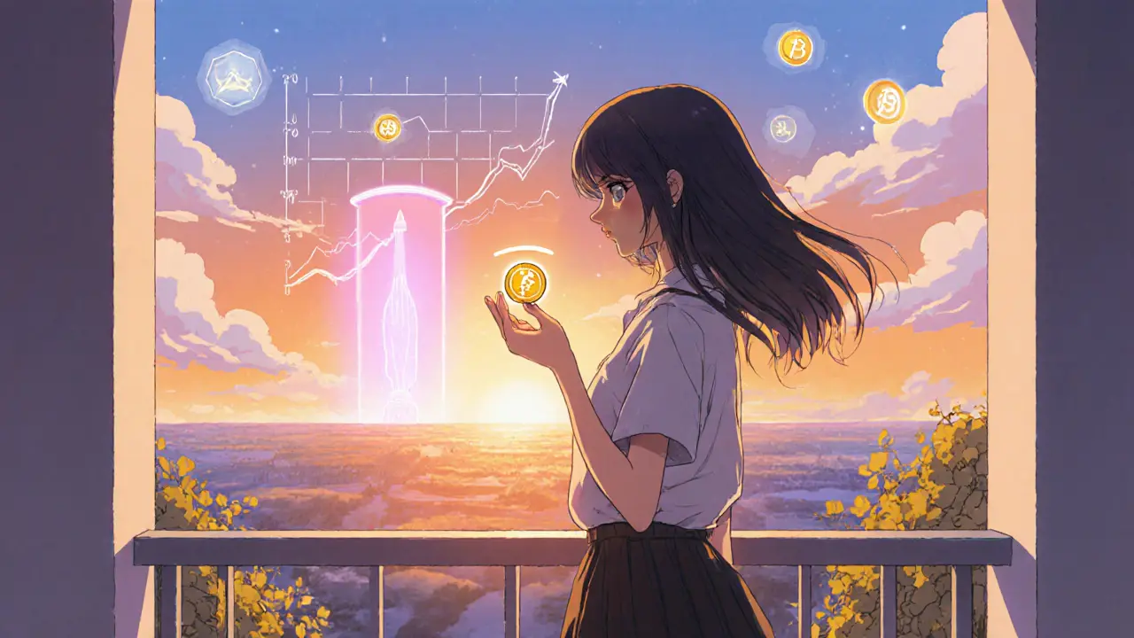 Girl holds glowing FLY token on a balcony overlooking sunrise, launchpad portal, and upward chart.