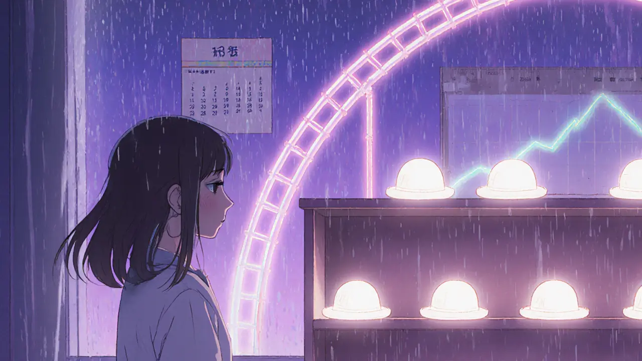 Girl looking at an almost empty hat shelf with a pastel roller‑coaster price chart behind.