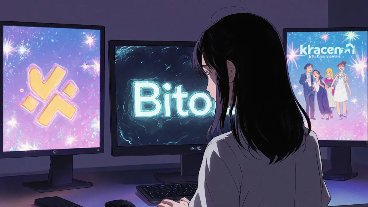 Girl looks at an empty Bitozz screen while bright panels show active exchange alternatives.