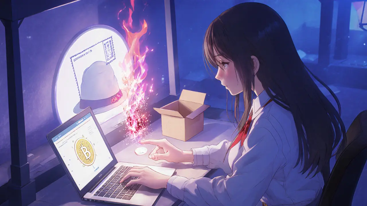 Girl tapping a burn button as a token transforms into ash and a hat‑filled box appears.