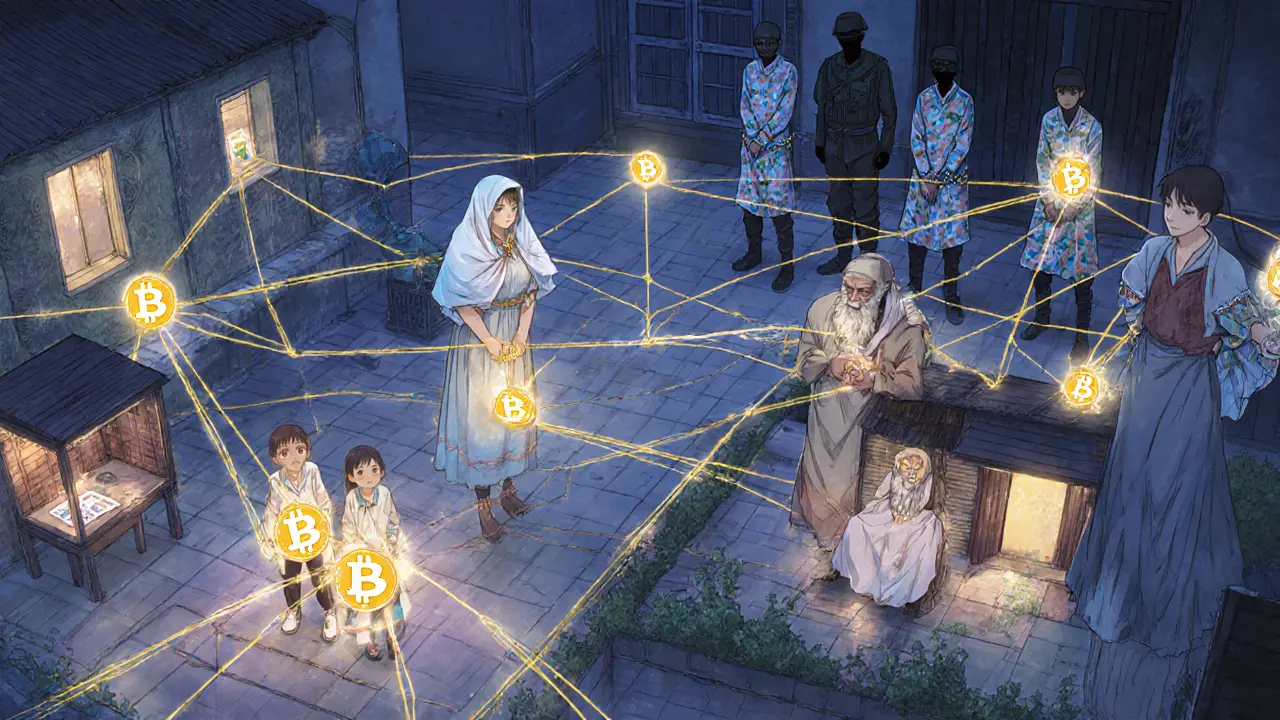 Glowing digital connections link Afghan women across villages, while shadowy figures stand powerless in the background.