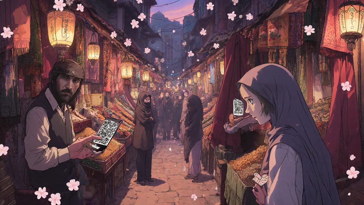 Hidden traders exchange cash for crypto in a bustling market, lantern light casting shadows as a girl watches quietly.