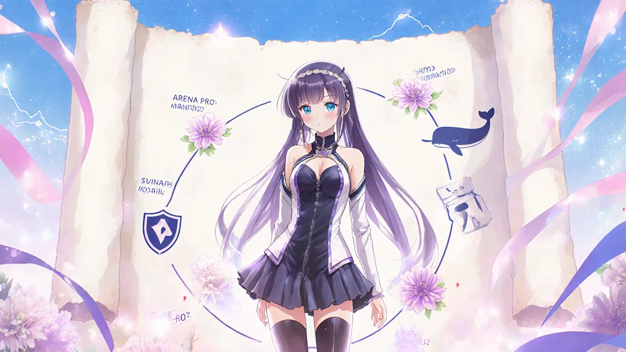 Hopeful heroine views a floral roadmap with milestones, security symbols, and a rising price line.