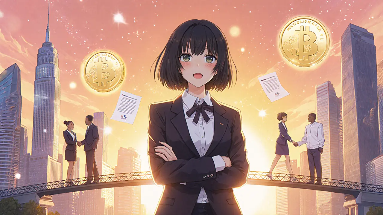 International partners celebrate fast stablecoin payment with city bridges.