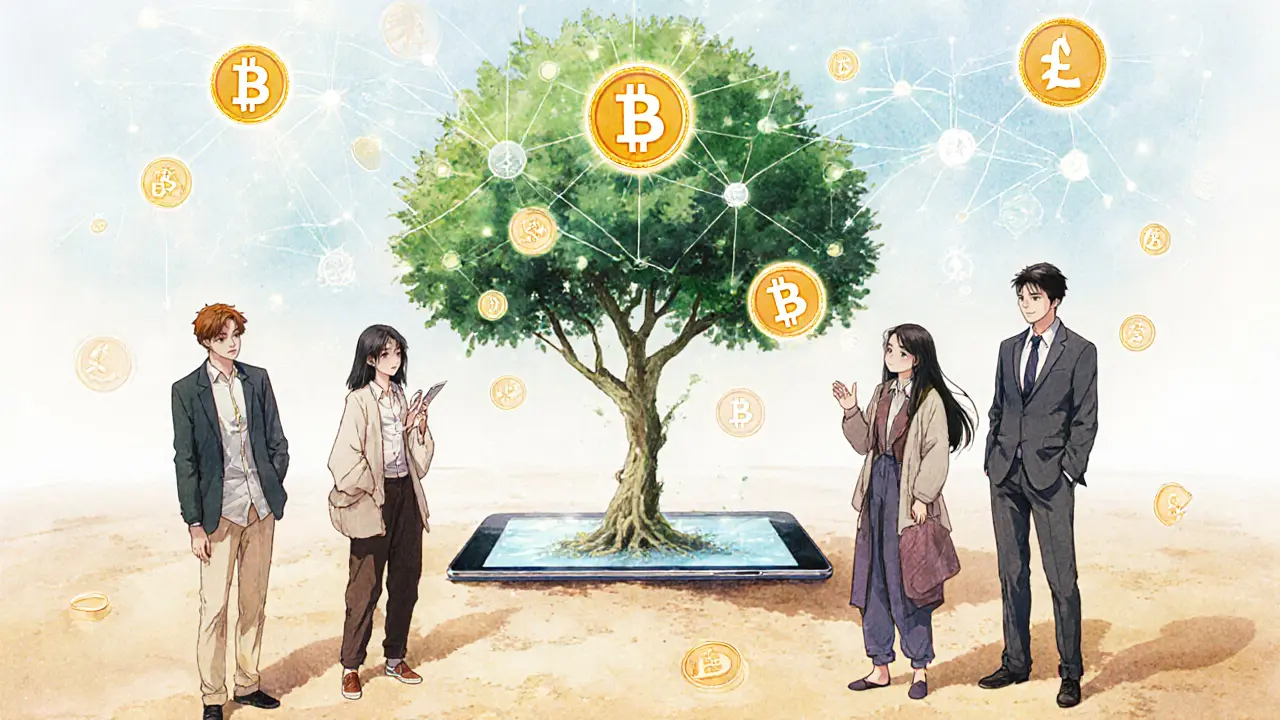 Local teens and mentors collaborating in a digital sandbox with blockchain nodes and staking icons in shoujo manga style.