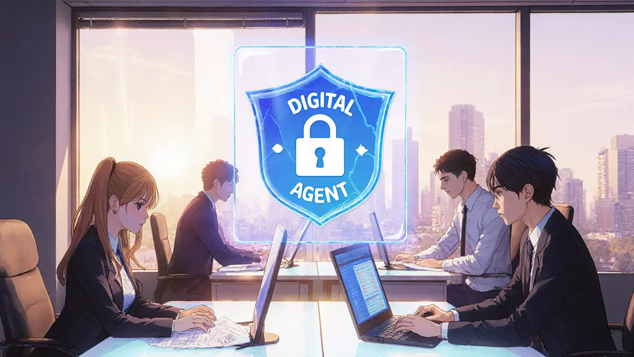 Office team monitoring AML compliance, featuring a glowing Digital Agent badge and blockchain screens.