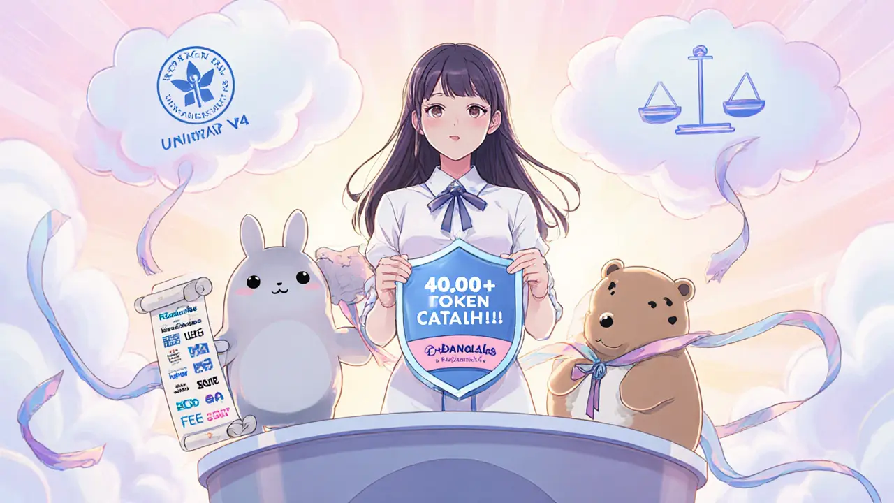 Shoujo heroine comparing Uniswap, TraderJoe, and Pangolin mascots on a pastel podium.