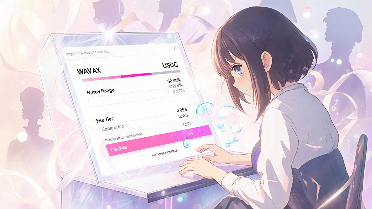 Shoujo heroine using a transparent console to swap WAVAX for USDC with a narrow price range.