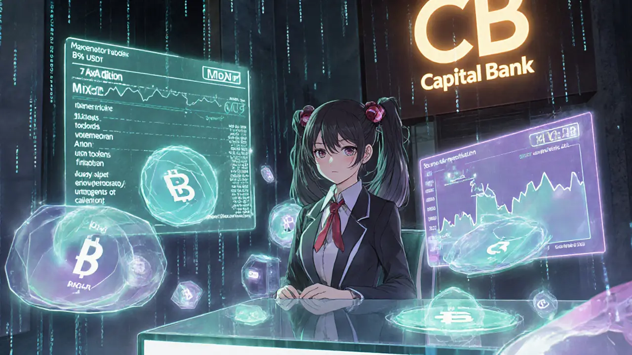 Shoujo manga illustration of the Grinex exchange office with screens showing A7A5 token trades.