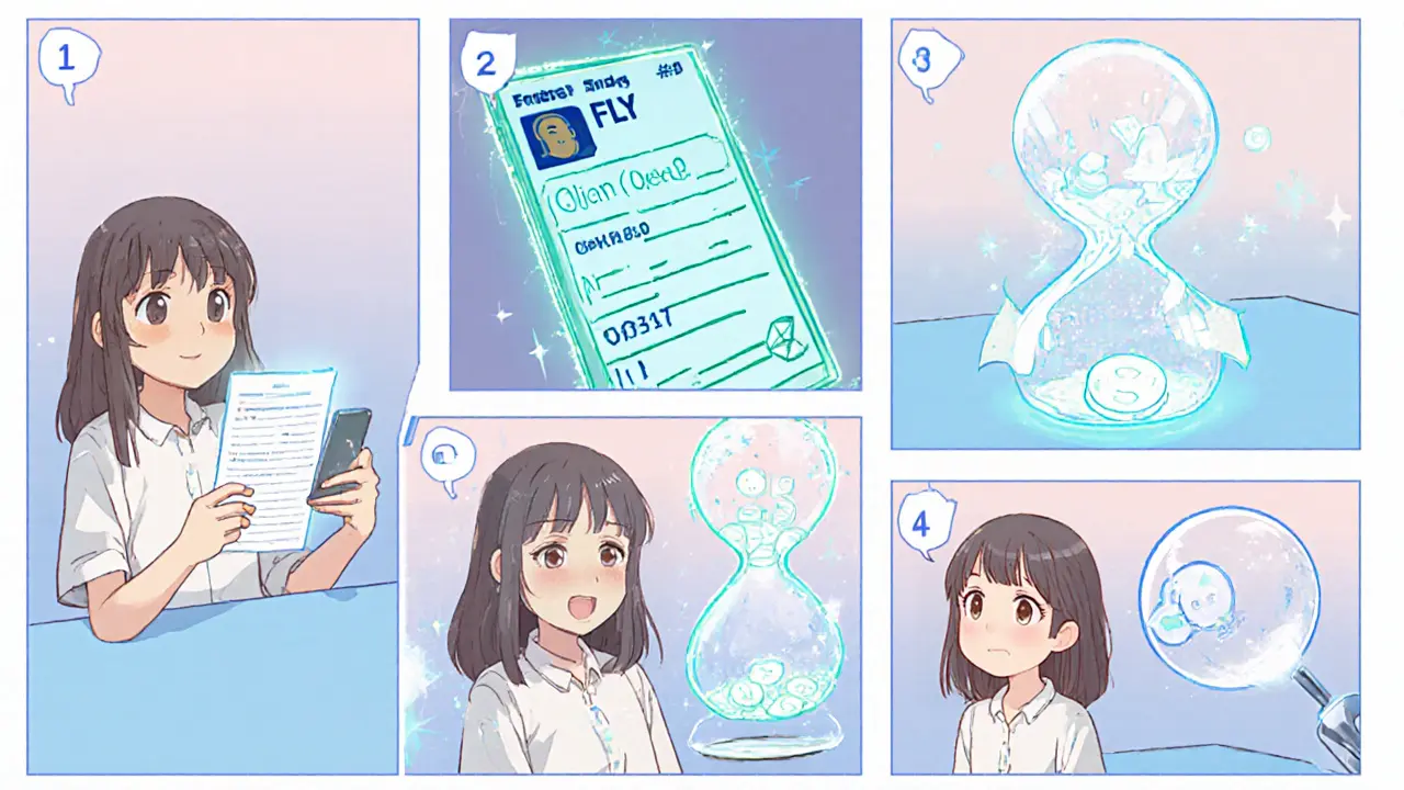 Shoujo manga panels show a girl completing KYC, entering wallet address, waiting, and checking explorer.