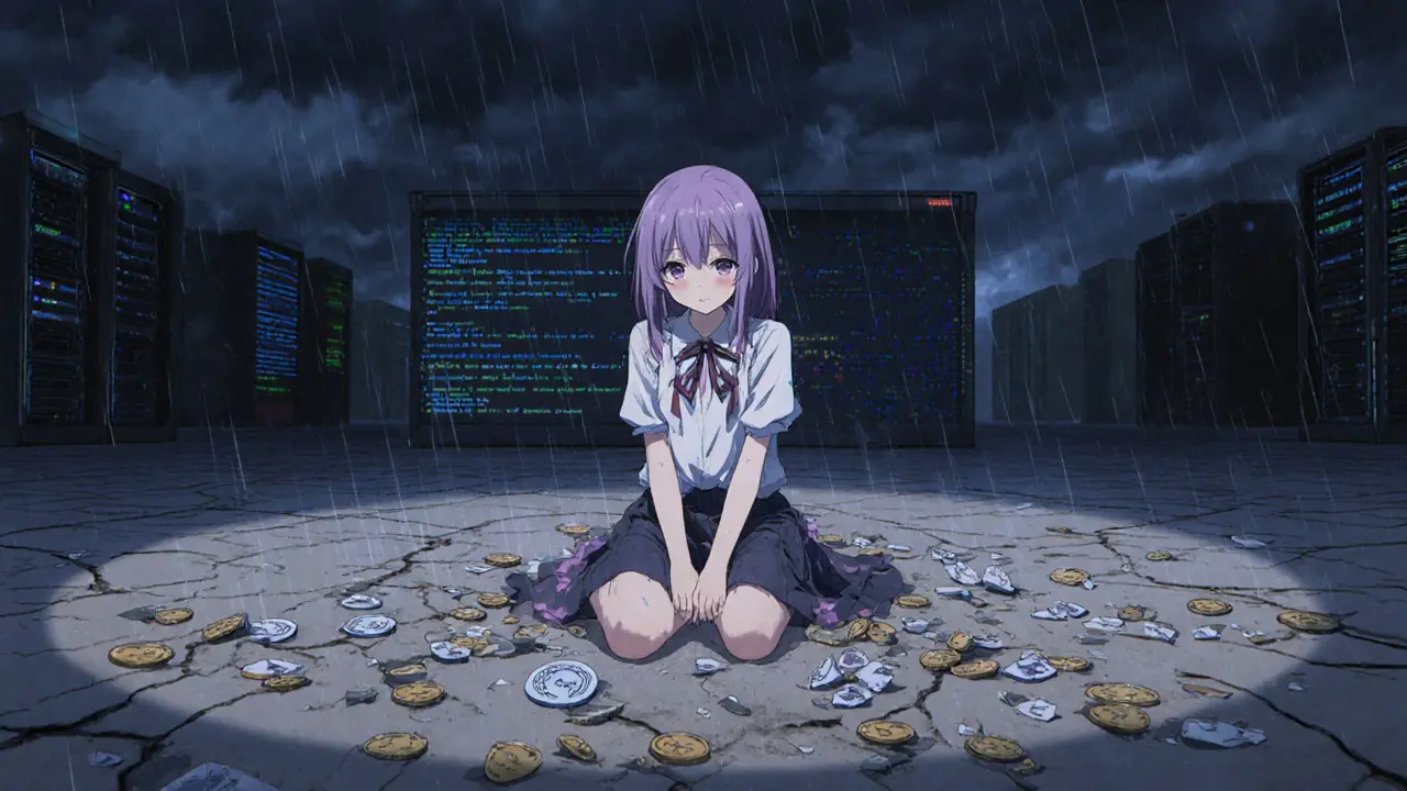 Shoujo manga scene of a sad girl amidst broken UGT tokens and empty servers.