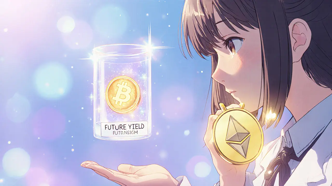 Shoujo style illustration of a girl creating a future-yield token from an ETH coin.