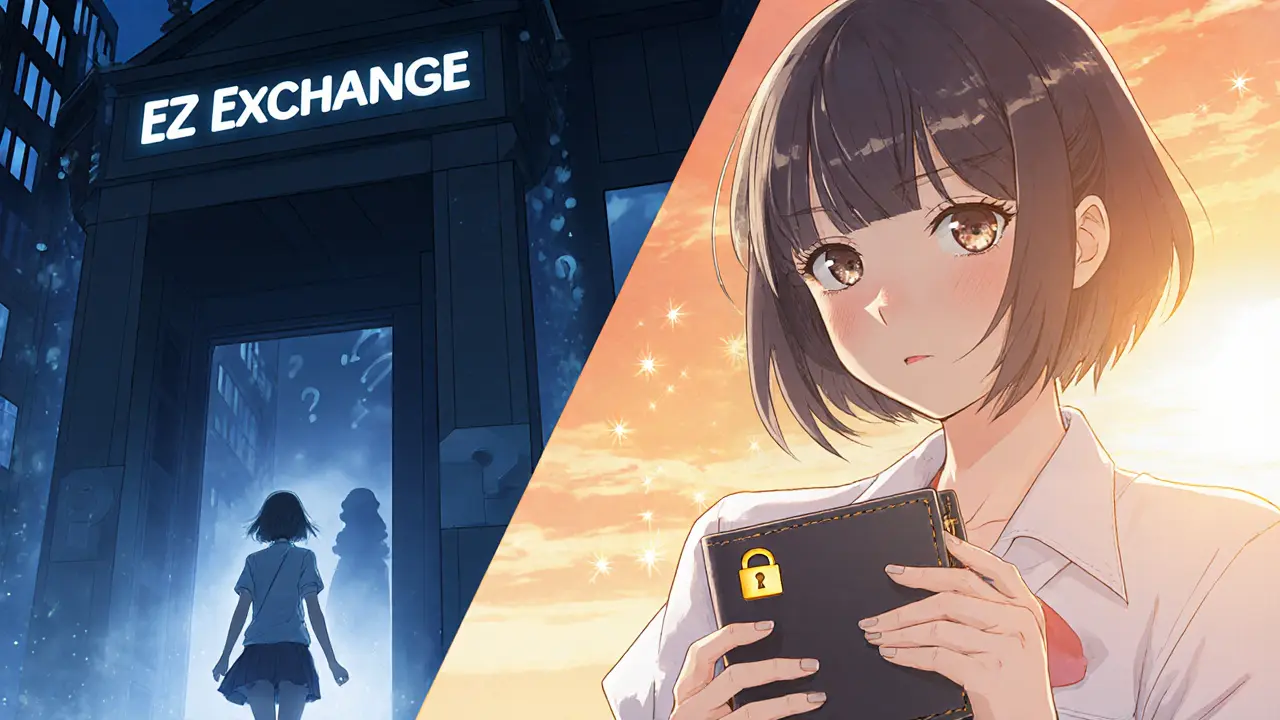 Split scene of woman leaving EZ Exchange and holding a hardware wallet confidently.