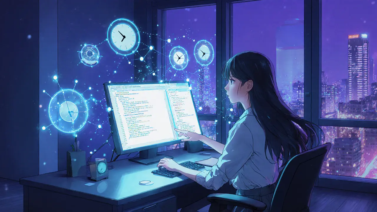 Tech heroine coding at a workstation with glowing blockchain visualizations.