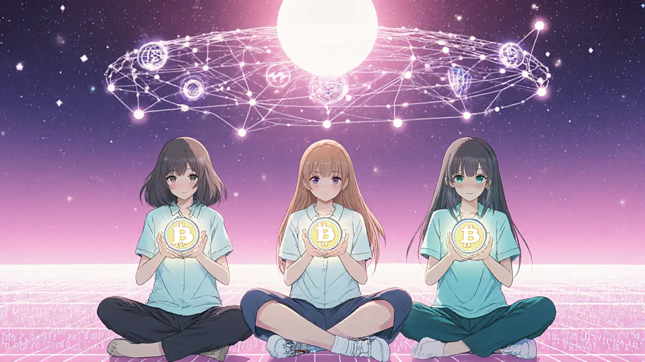 Teens forming a network of glowing tokens in a starlit digital void under a code-shaped sun.
