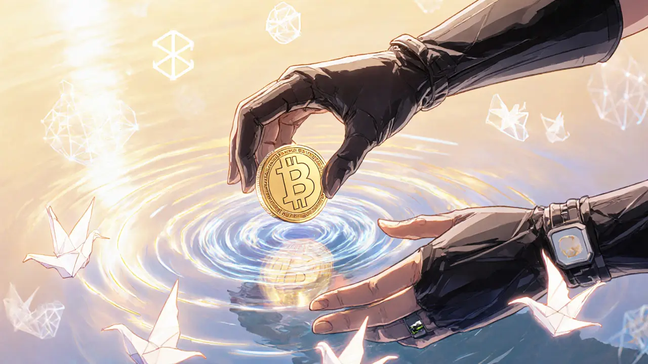 Two hands placing a coin into a glowing AMM pool with floating token symbols and light ripples.