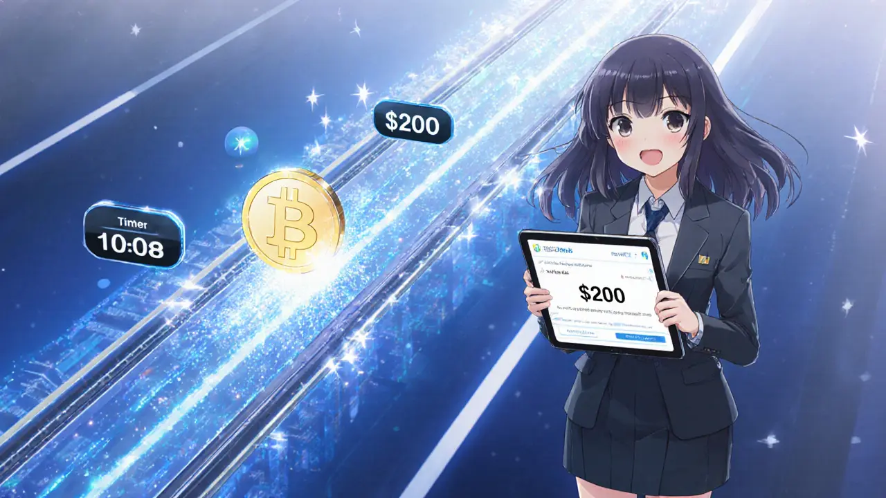 USDC token moves along a digital path, timer shows under one minute.