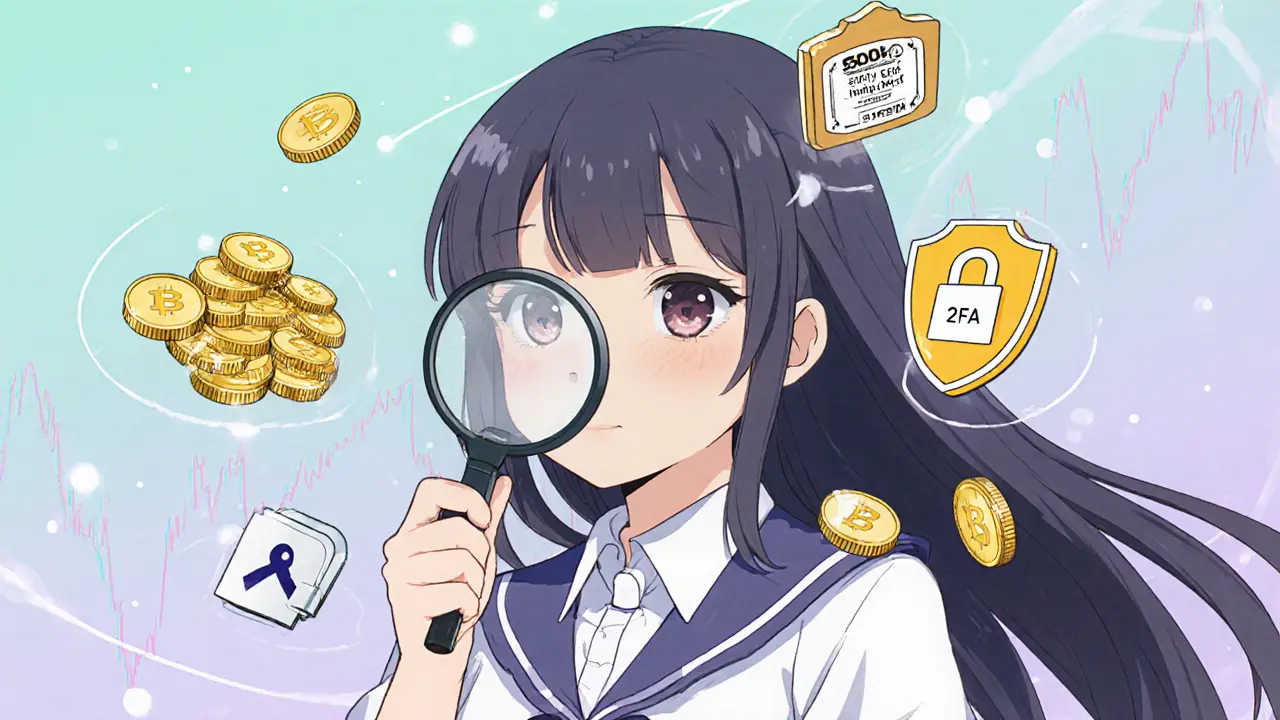 Woman inspects floating fee and security icons with a magnifying glass.