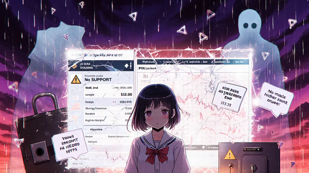 Worried heroine stands before broken exchange screen with warning symbols and dark sky.