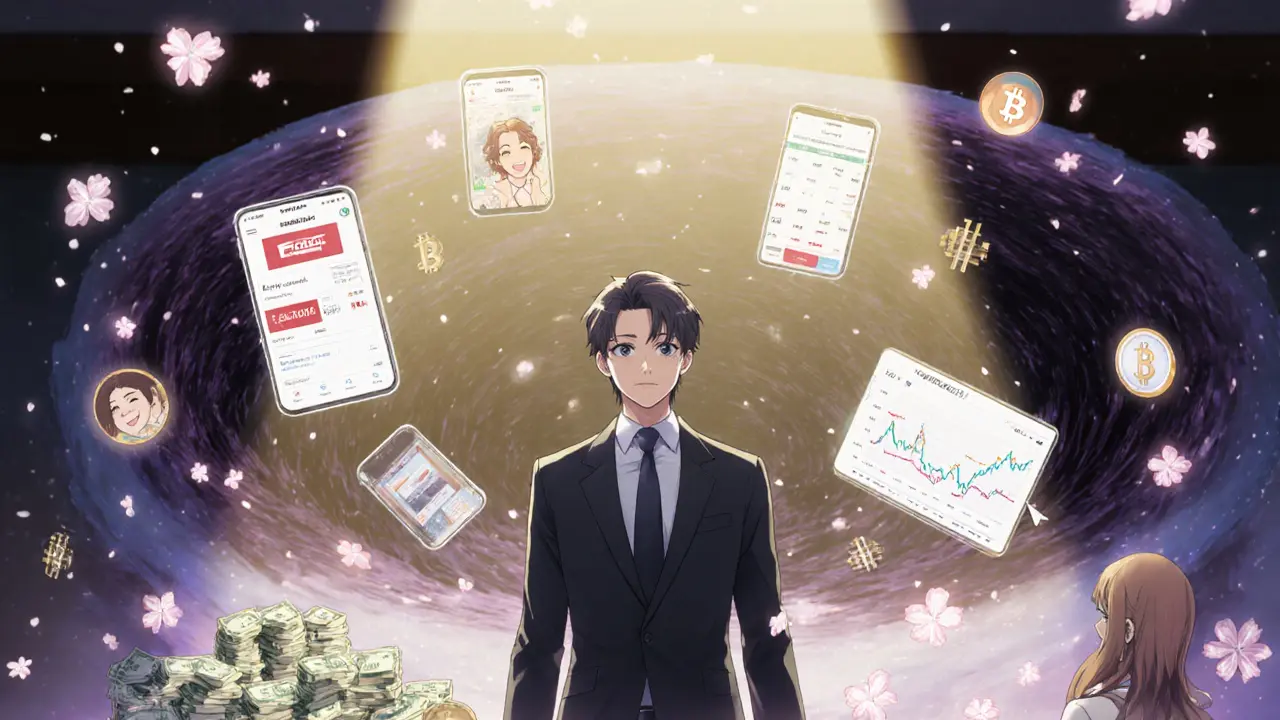 A CEO stands in a courtroom surrounded by fake crypto apps while cash and charts vanish into darkness.