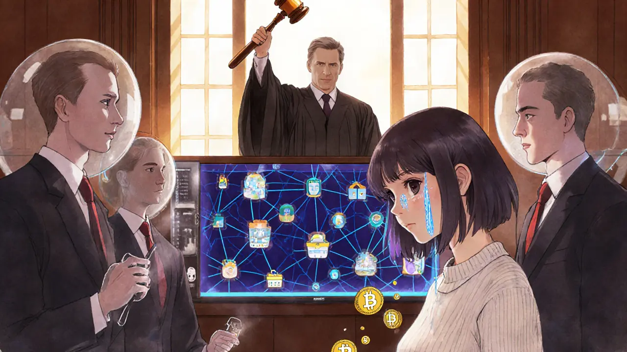 A defendant in court watches crypto wallet connections glow on a monitor, FBI agents hover like spirits.