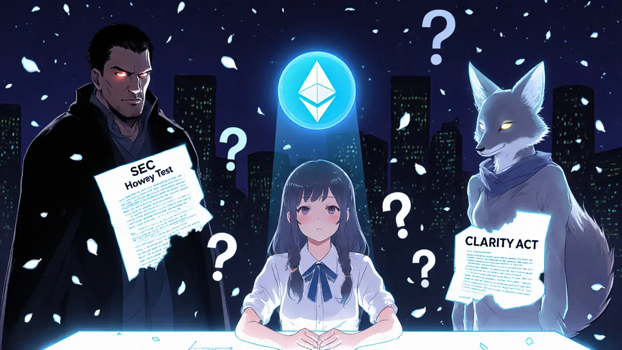 A developer at a desk surrounded by legal symbols, watched over by two spirit figures representing SEC and CFTC.