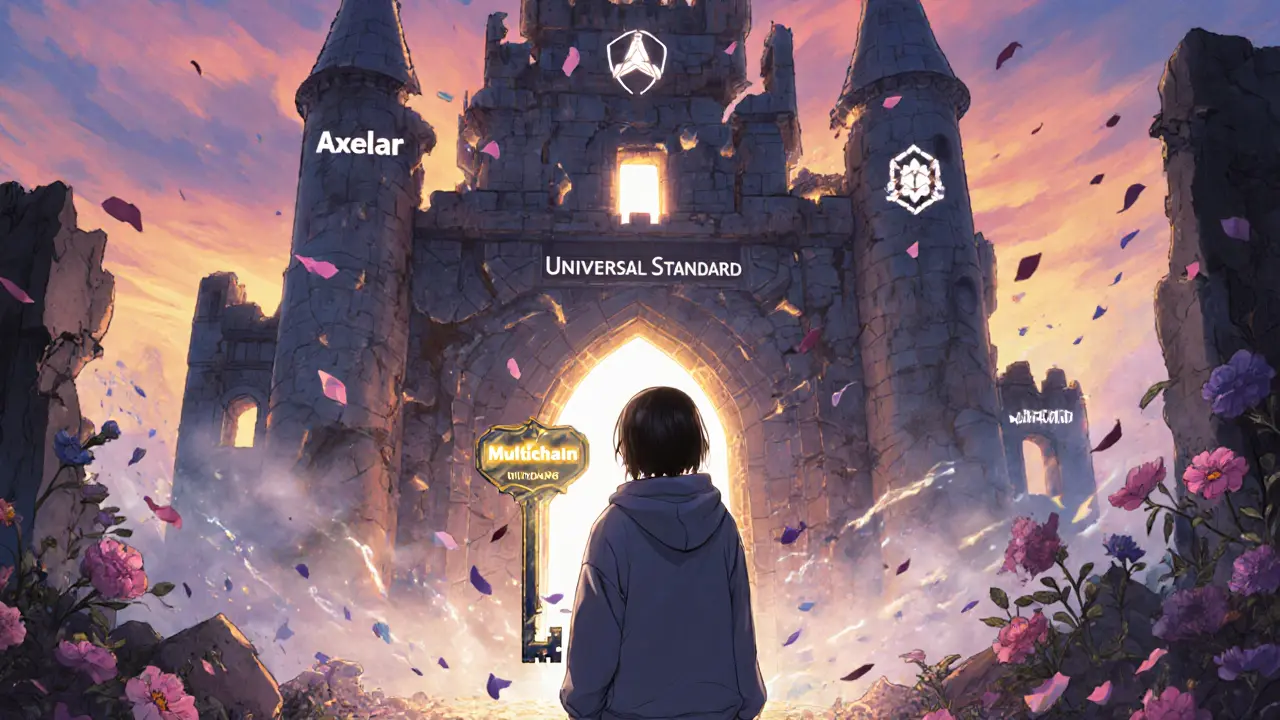 A developer stands before a massive door labeled MiCA 2.0, with Axelar shining as other bridges crumble behind.