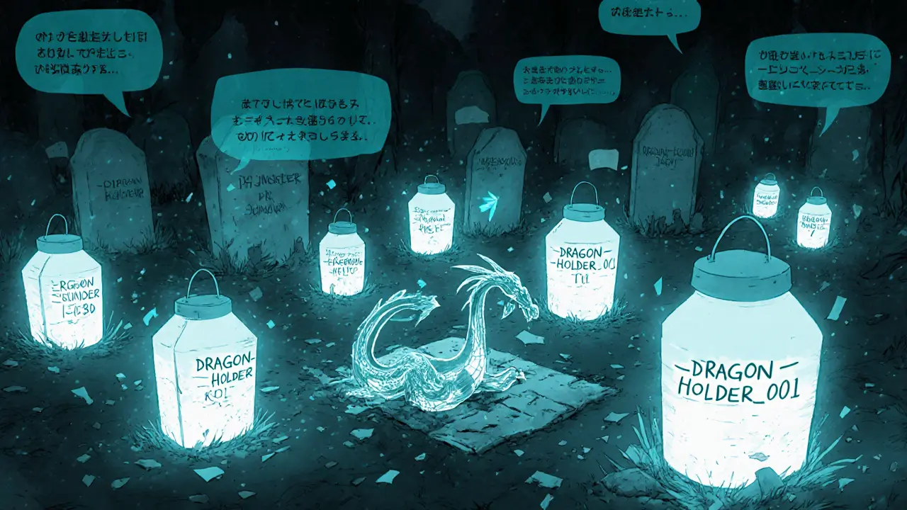 A digital graveyard of forgotten DRAGON wallets, with only a few faint lanterns still glowing in the dark.