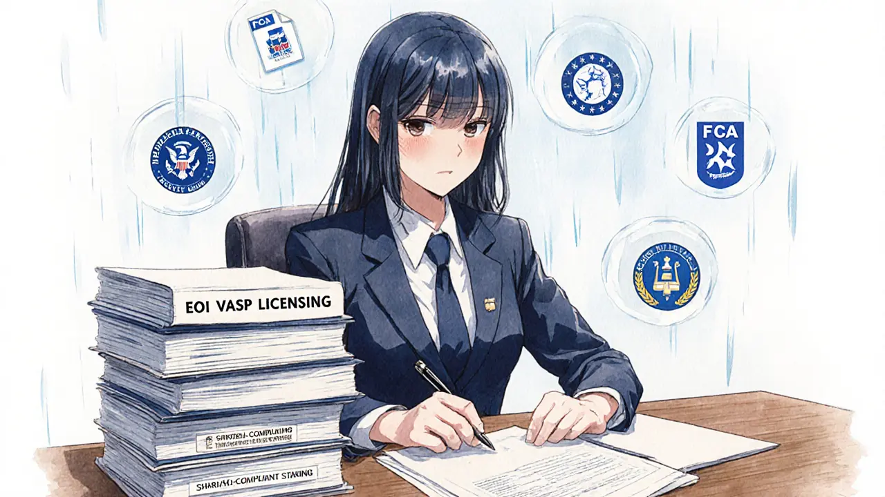 A female compliance officer reviewing thick legal documents with international regulator logos floating around her, rain on the window.