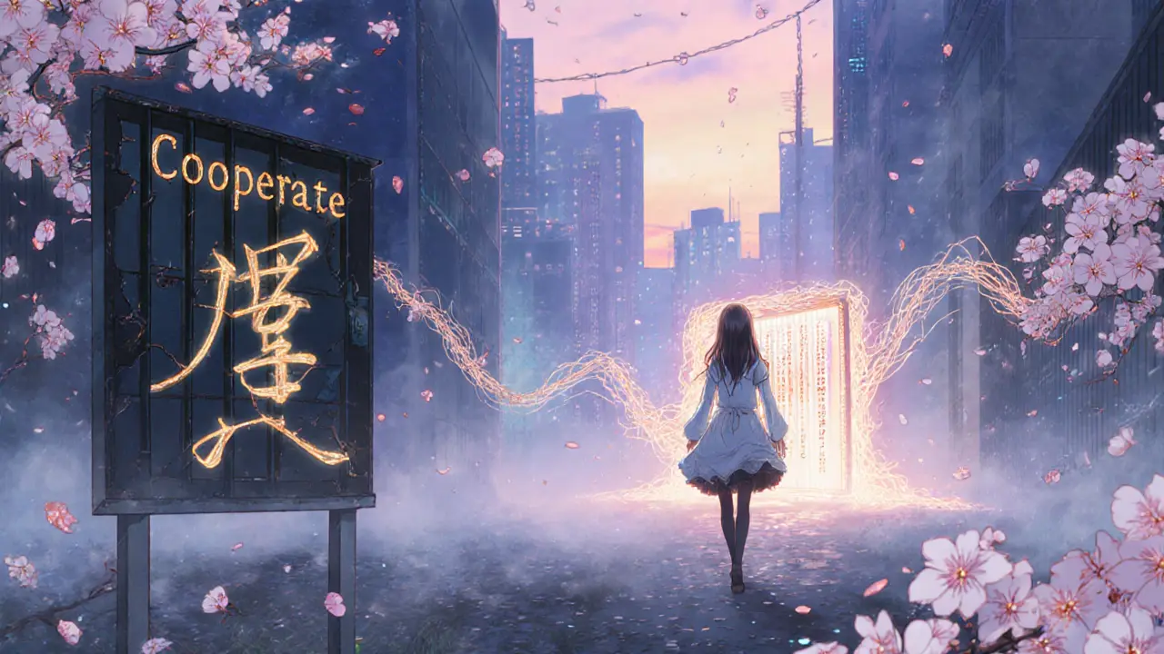 A figure walks toward a glowing door as prison bars made of blockchain fade behind them.