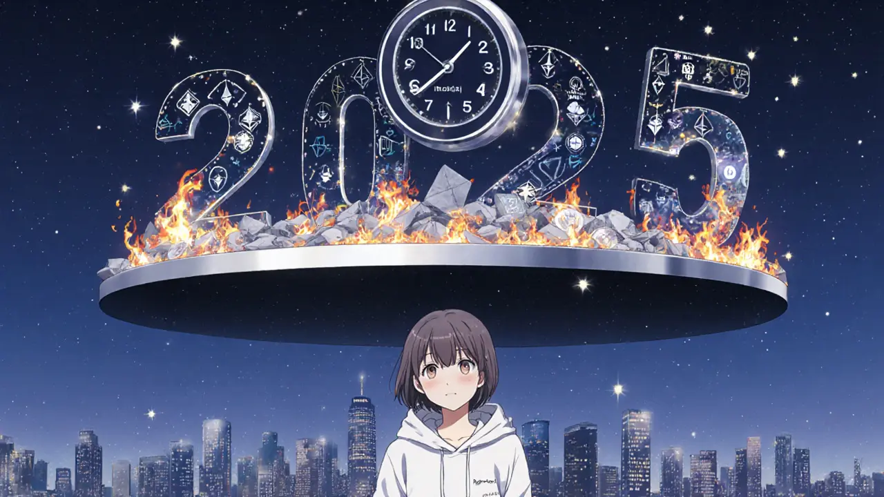 A floating platform at night with burning DCB tokens rising as stars, while a developer watches a new project launch below.