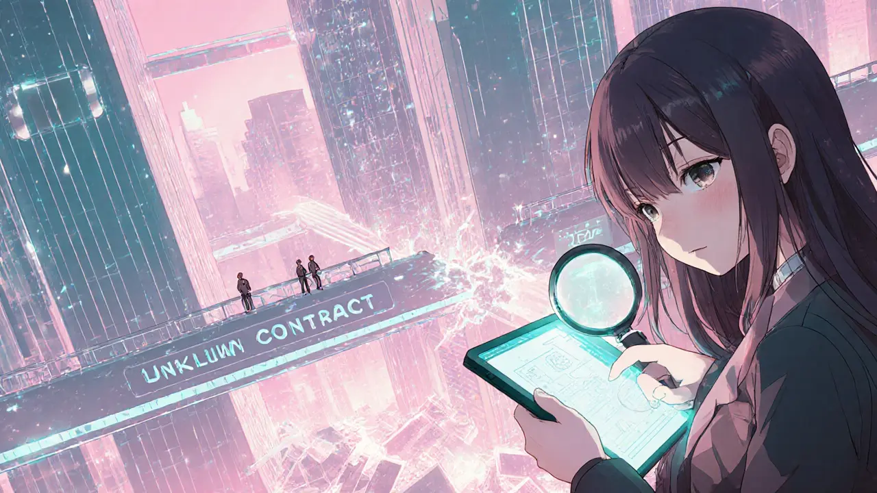 A futuristic city of contract-buildings with one fragile bridge snapping, causing a cascade of collapses below.